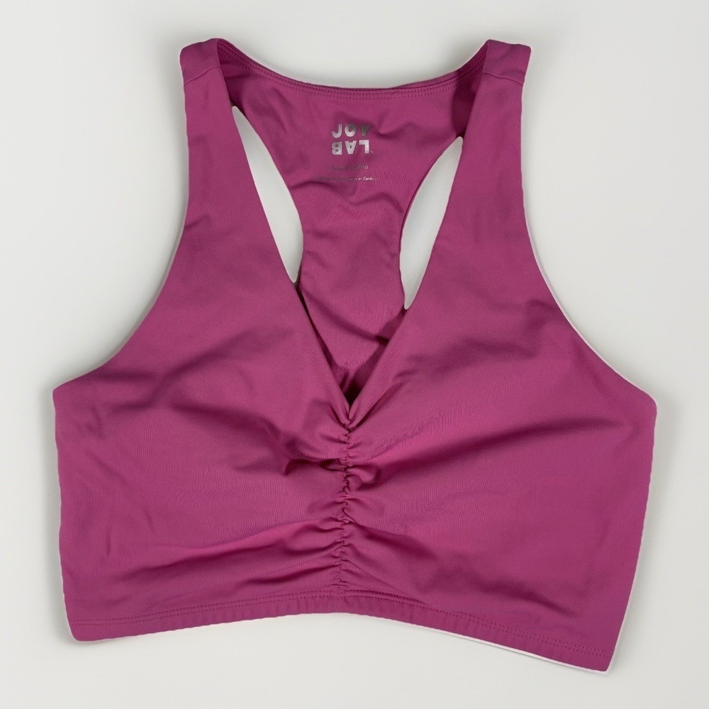 JoyLab Sports Bra Womens Small Magenta Pink Ruched V-Neck Racerback Athleisure